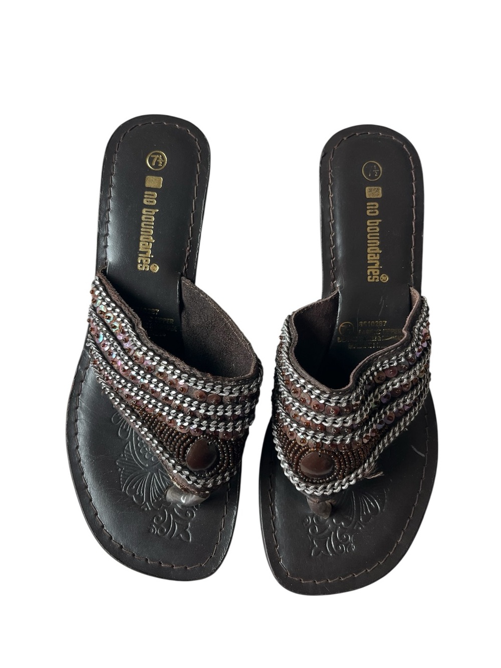 Y2K NO BOUNDARIES BEADED WEDGE SANDALS BROWN SEQUINS 7.5